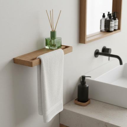 Minimalistyczny dębowy wieszka z półką na dyfuzor, biżuterię. 