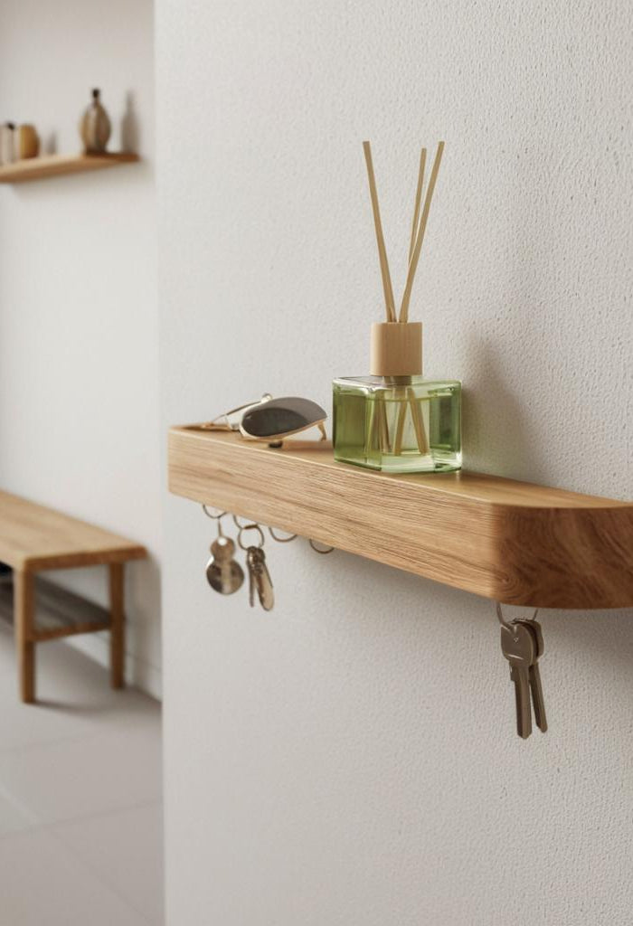 Wieszak dębowy z praktyczną półką to eleganckie i funkcjonalne rozwiązanie do przedpokoju lub biura. Wykonany z litego drewna dębowego, łączy naturalną estetykę z wysoką trwałością. Zintegrowane magnesy umożliwiają wygodne przechowywanie kluczy, a solidne haczyki idealnie sprawdzą się do zawieszania okularów, pilotów do garażu, czapek czy smyczy. Górna półka zapewnia dodatkowe miejsce na drobne akcesoria, pomagając utrzymać porządek na co dzień. Minimalistyczna forma pasuje zarówno do wnętrz nowoczesnych.