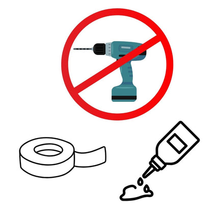 Grafika przedstawiająca taśmę, klej oraz symbol przekreślonej wiertarki, dzięki