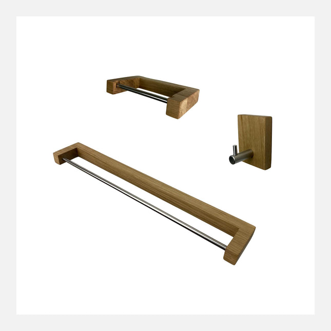 Minimalist bathroom set of 3, wooden toilet paper holder, wooden towel holder, small towel rack, handmade from wood and steel,