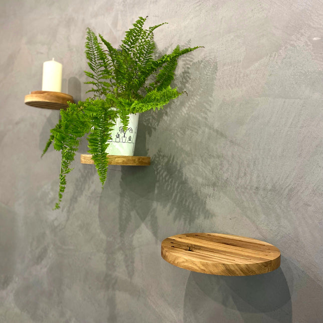 Oak floating shelved, round decorating shelves, modern home deco shelvs, floating plant shelf, fashionable furniture, shelves with bracket
