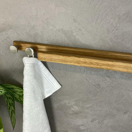 Minimalist Oak Wall Rack with Extra Hooks, Perfect for Any Kitchen or Bathroom, Modern oak towel rack, space saving design