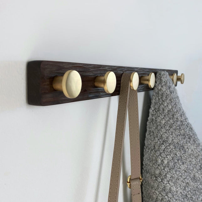 Handcrafted American Walnut Coat Rack with Brass Knobs, Stylish Entryway Organizer, Modern Wall-Mounted coat hanger,  Brass Accents