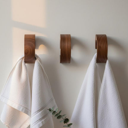 Nowoczesny wieszak orzechowy montowany na kołek i śrubę. Solidna konstrukcja z naturalnym usłojeniem drewna, idealna do ciężkich płaszczy i toreb.