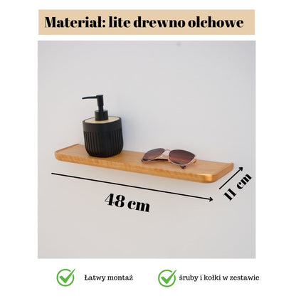 Stylowa i funkcjonalna drewniana półka wisząca na ścianę to idealne rozwiązanie do każdego wnętrza, świetnie sprawdzi się w łazience, kuchni czy salonie. Wykonana z naturalnego drewna, łączy w sobie estetykę i praktyczność, oferując dodatkowe miejsce do przechowywania i eksponowania ulubionych dekoracji, kosmetyków czy przypraw. Dzięki solidnemu wykonaniu i minimalistycznemu designowi, półka doskonale komponuje się zarówno z nowoczesnymi, jak i klasycznymi aranżacjami. 