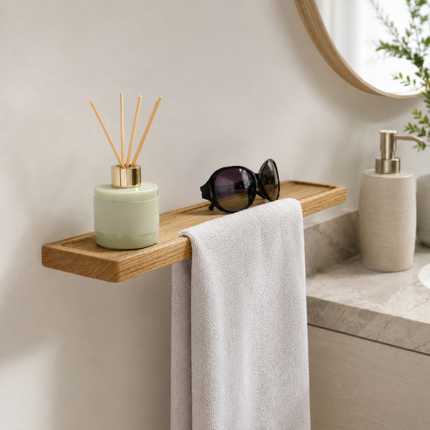Scandinavian towel hanger with practical shelf - choice of wood