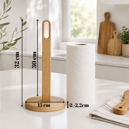 Drewniany stojak na ręcznik papierowy wykonany z litego drewna dębowego. Minimalistyczny, stabilny i elegancki, idealny do kuchni, jadalni.