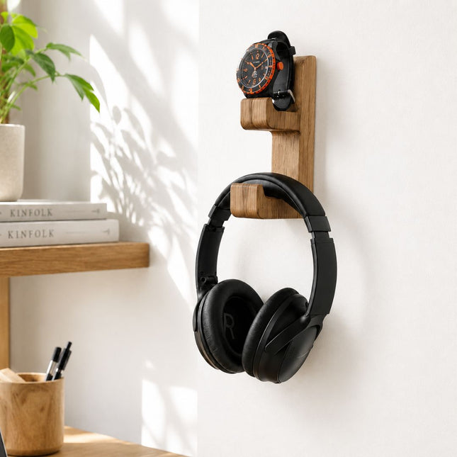 Wall-mounted hanger made of solid oak | Universal holder for headphones, watch, jackets
