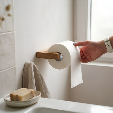 Toiletrulleholder i træ af eg og rustfrit stål – loftstil, minimalistisk, unik