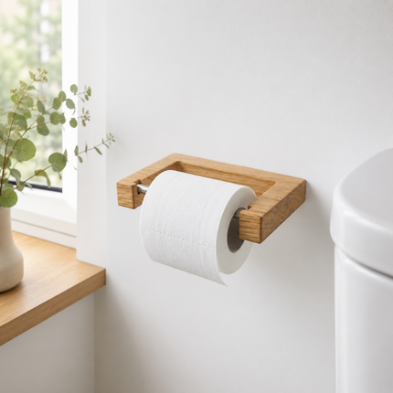 Toiletrulleholder i træ af eg og rustfrit stål – loftstil, minimalistisk, unik