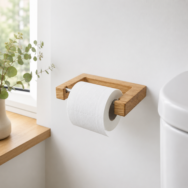 Toiletrulleholder i træ af eg og rustfrit stål – loftstil, minimalistisk, unik