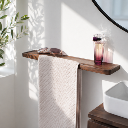 Scandinavian towel hanger with practical shelf - choice of wood
