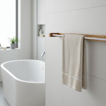 wieszak dębowy ścienny z rurka do nowoczesnej łazienki, drewniane wieszaki, akcesoria lazienkowe, uchwyt do łazienki na ręczniki 