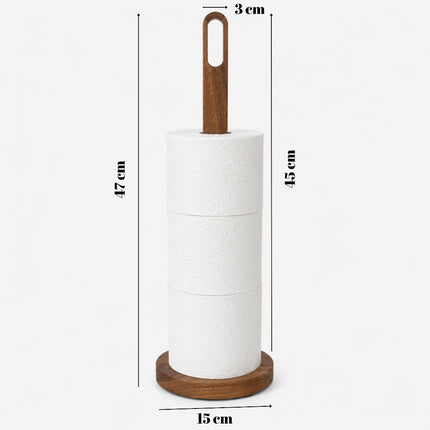 Grafika prezentująca szczegółowe wymiary stojaka z orzecha: wysokość całkowita 47 cm, średnica podstawy 15 cm, szerokość rączki 3 cm.