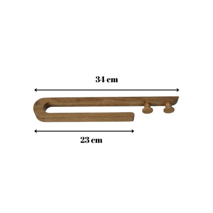Nowoczesny wieszak dębowy na małe ręczniki z dwiema minimalistycznymi gałkami, montowany bez wiercenia.